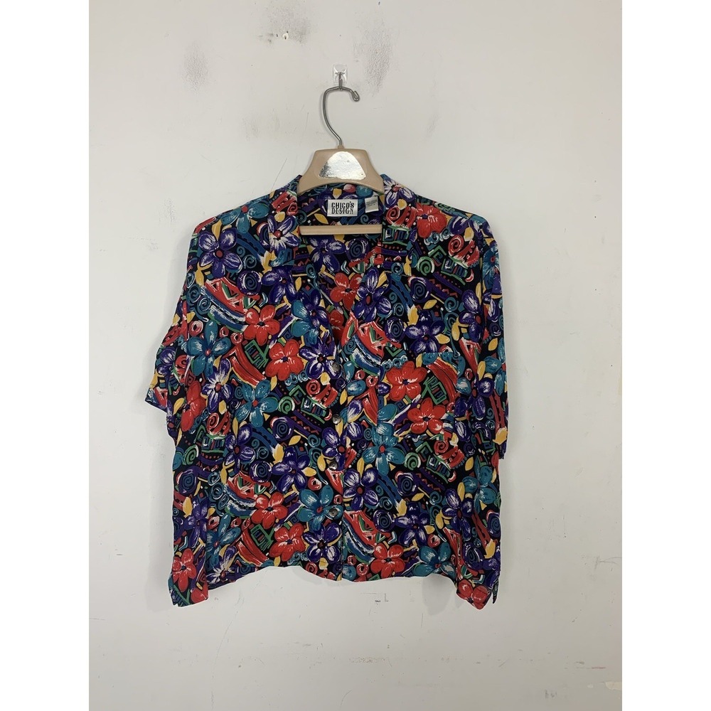 Chicos Womens Shirt 2 Large Travel‎ Hawaiian Beachy Floral Button Up VTG
